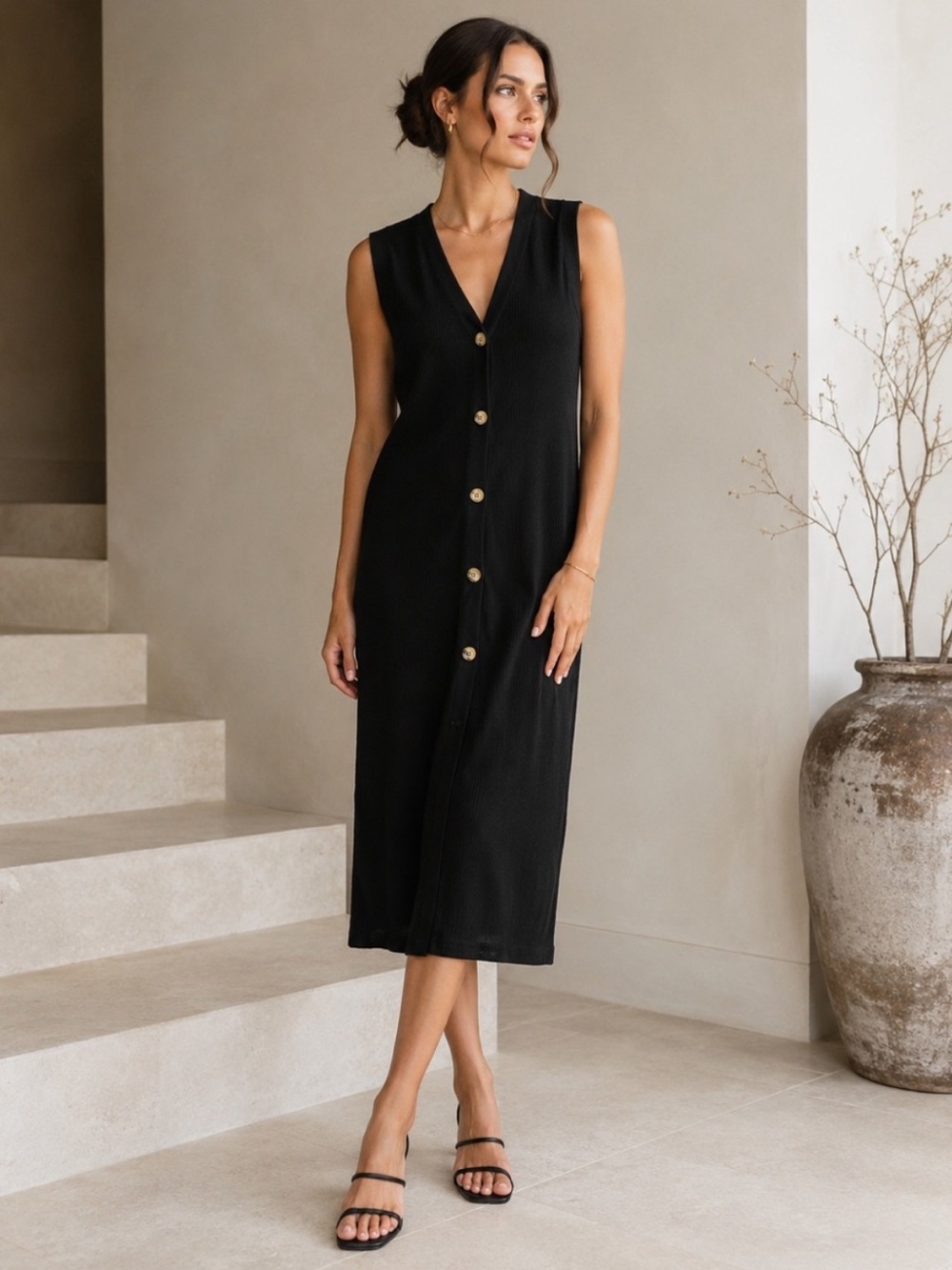 Zara Black Ribbed Sleeveless
Button-Up Vest Midi Dress or Cardigan Size XL
